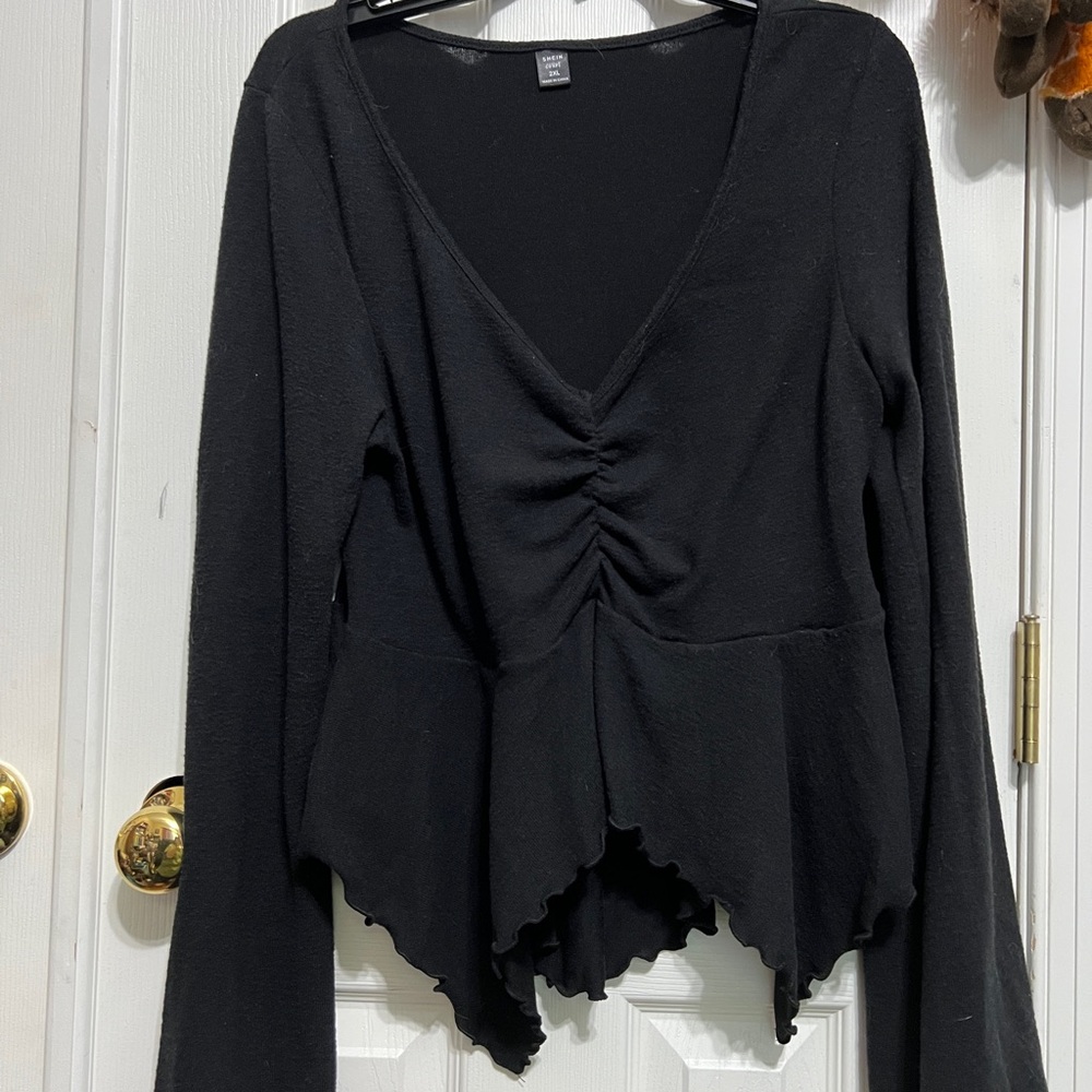SHEIN Black Asymmetrical Ruched Peplum Blouse